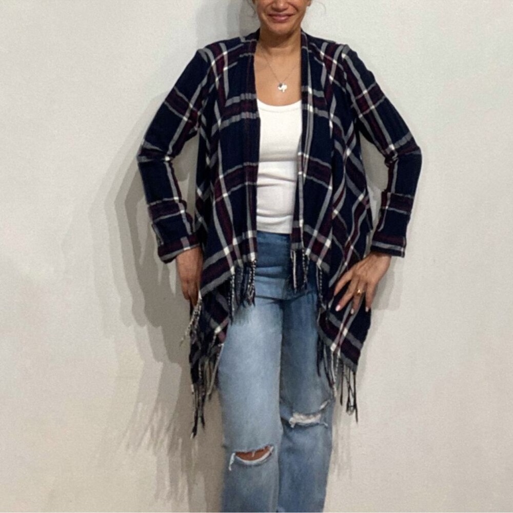 Charming Charlie red blue white plaid fringe open cardigan jacket light weight